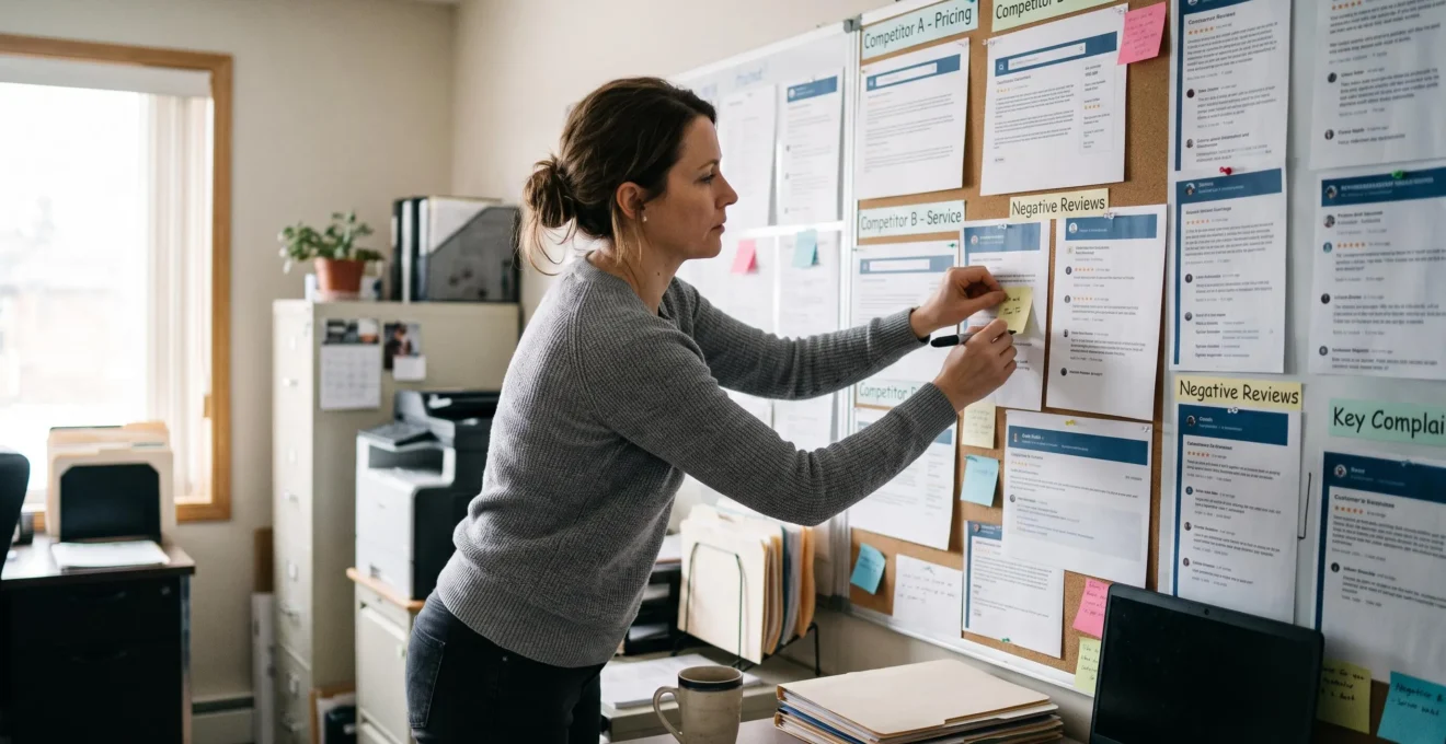 A business owner tags and groups printed customer reviews on a wall board while analyzing competitors in her office.