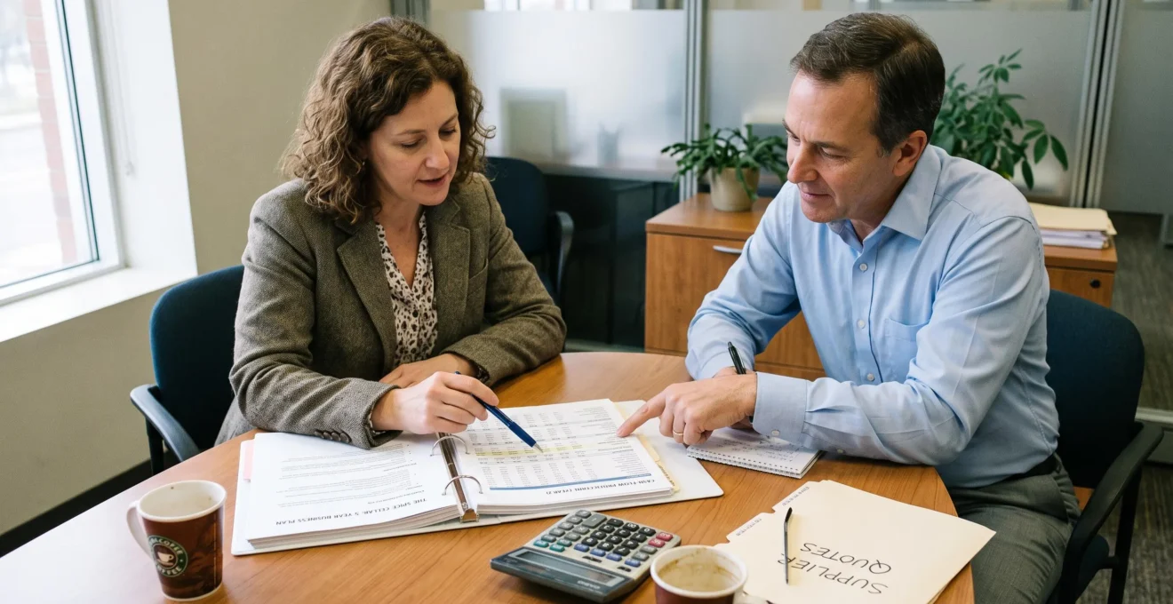 A small-business owner and a lending advisor reviewing a printed business plan with cash-flow projections at a bank meeting table.