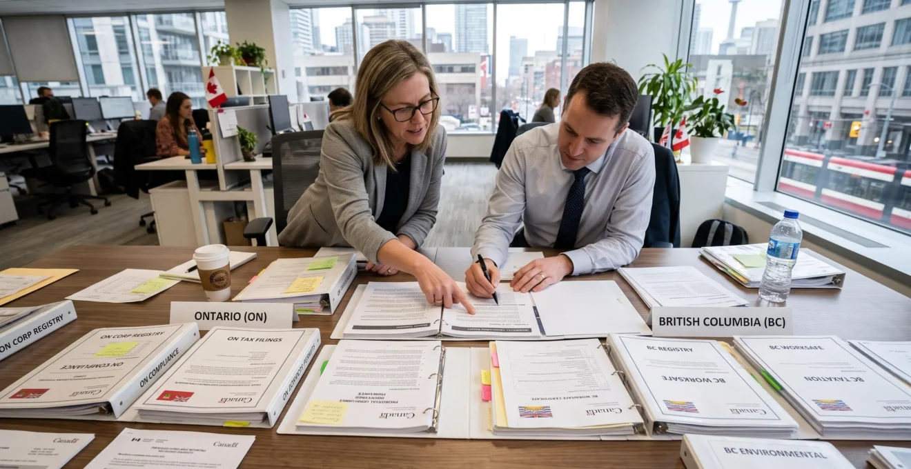A business owner and an advisor review province-specific compliance binders and checklists spread across an office table.
