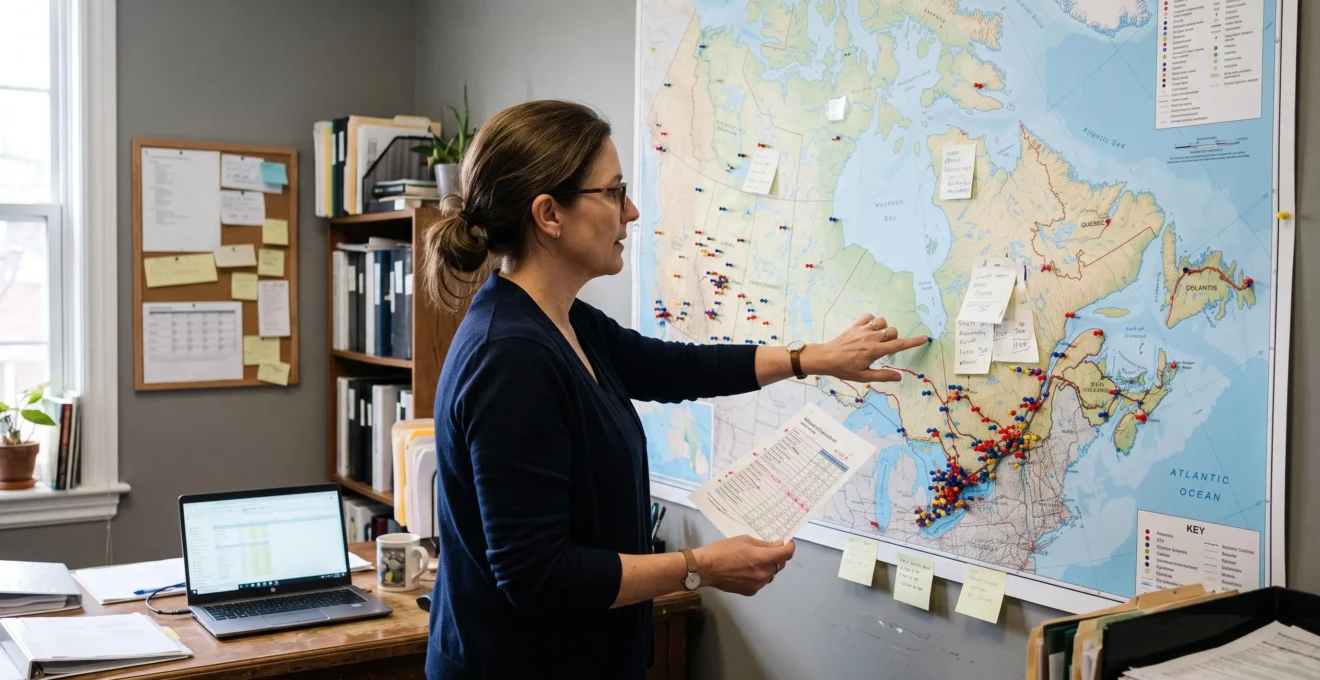 A business owner marks different Canadian regions with pins on a wall map while comparing printed regional sales notes.
