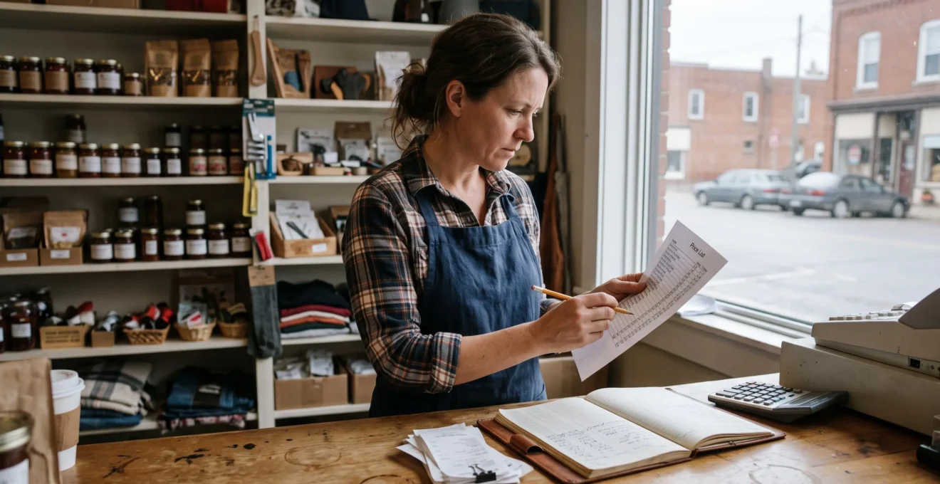 A small shop owner in Canada reviews and rewrites prices at her counter with a calculator and receipts beside her.