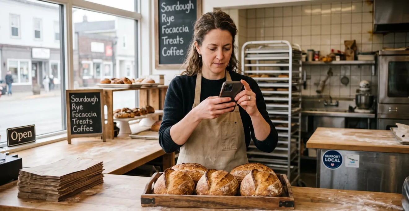 A bakery owner photographs a tray of fresh bread with her smartphone behind the counter of her shop.