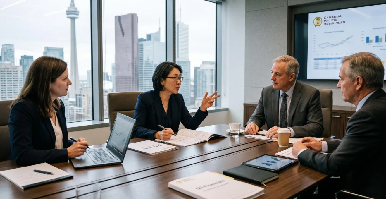 Board directors questioning an executive over open financial reports during a board meeting in a Canadian office with a city skyline behind them.