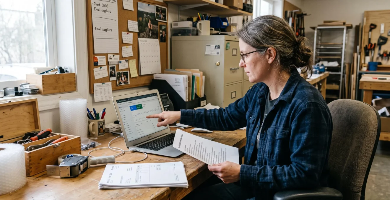 A small-business owner compares a printed list of website pages with the coverage report on her laptop screen.