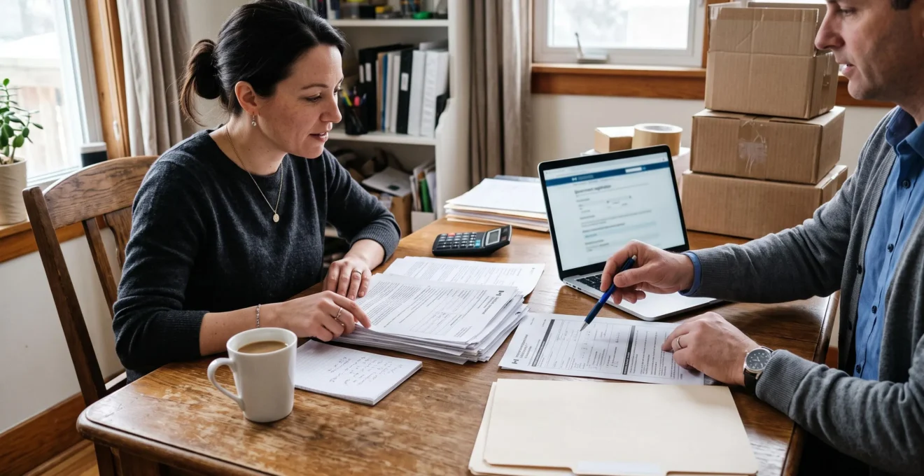 A business owner reviewing registration documents with an advisor at a home worktable in Canada.