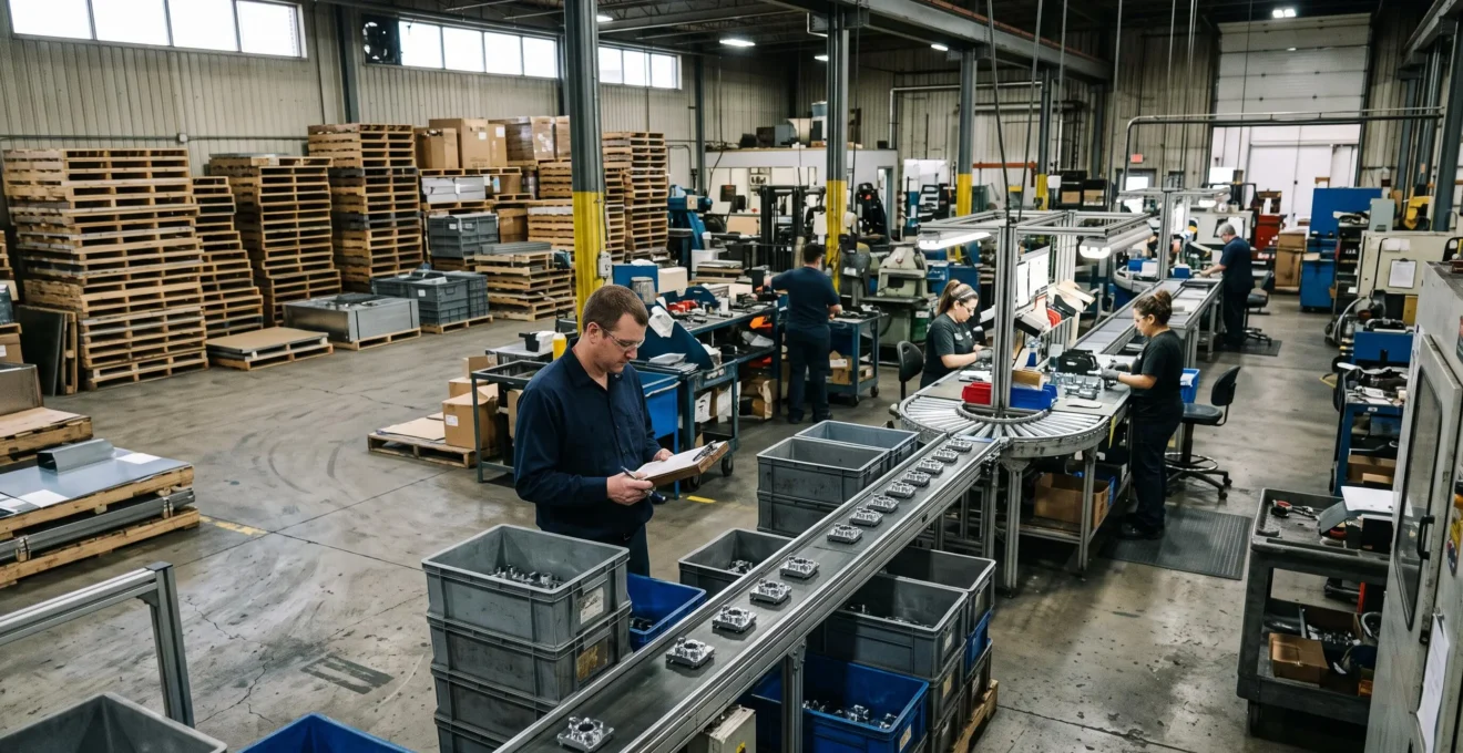 A production supervisor reviews notes beside a running assembly line in a Canadian factory while operators work and stacked inventory fills the background.