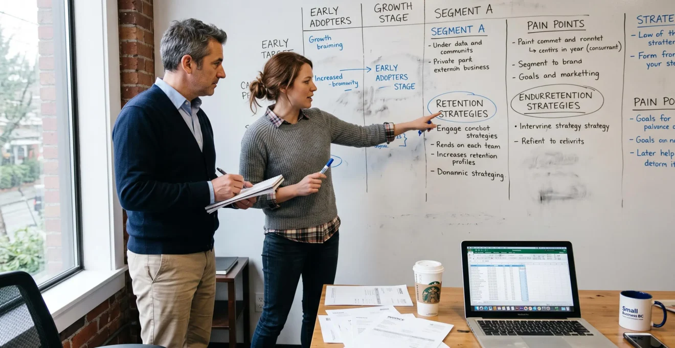 A founder and a consultant discuss a customer segmentation board in a small Canadian business office.