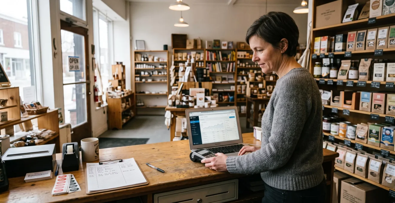 A shop owner processes a card payment on a countertop terminal while checking payments on her laptop in her retail store.