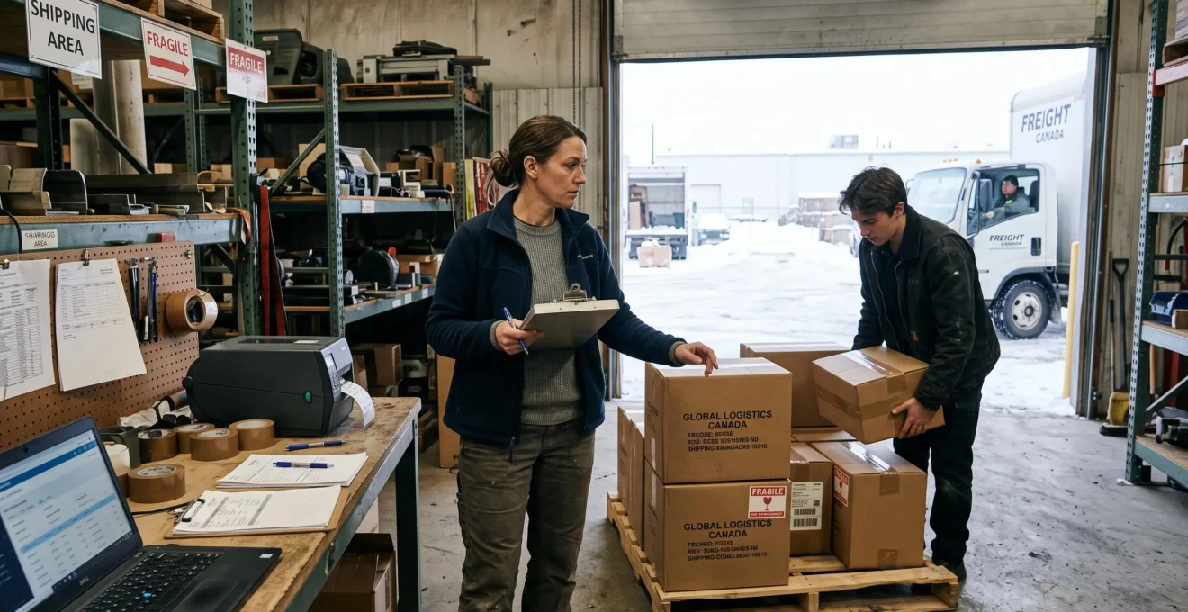 A small-business owner checks shipping documents beside loaded boxes on a pallet while an employee works in a Canadian industrial workshop.