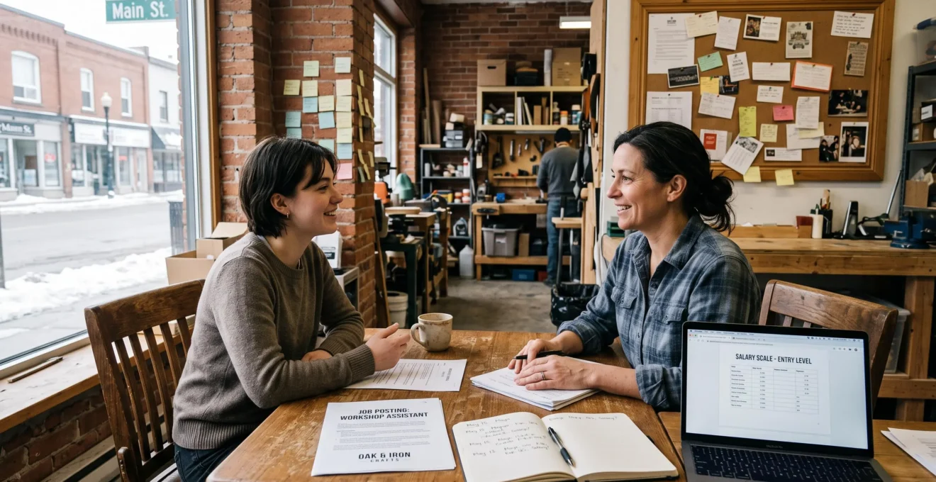 A small business owner in Canada interviews a job candidate at a wooden table with a printed job posting and notes between them.