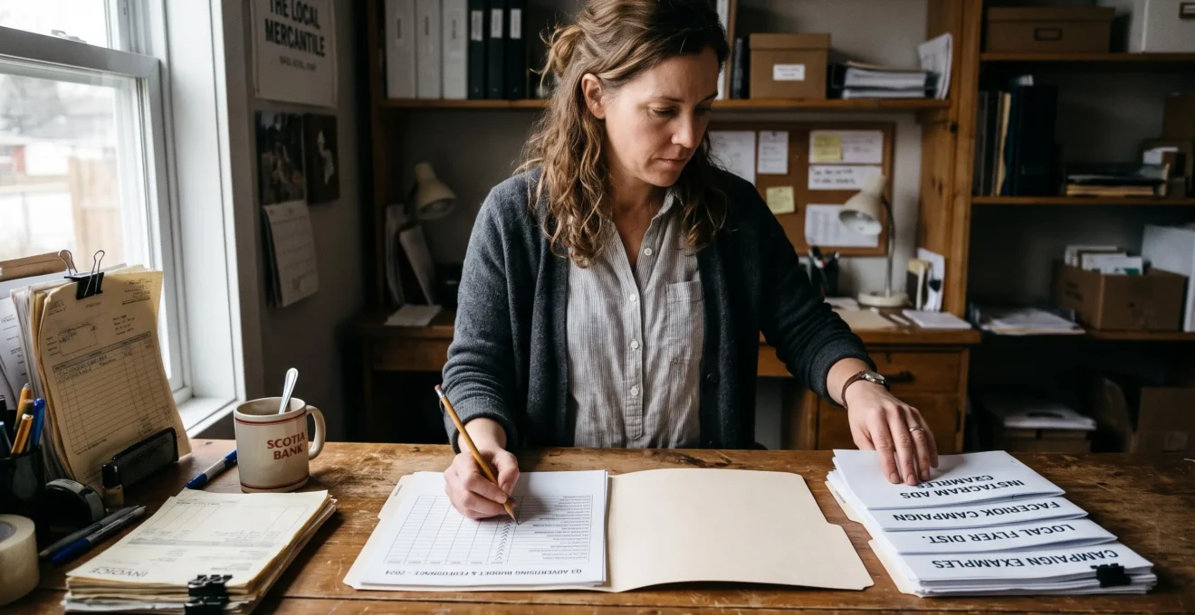 A small business owner at a shop counter sets aside printed reports from several advertising channels and focuses her notes on a single channel folder.
