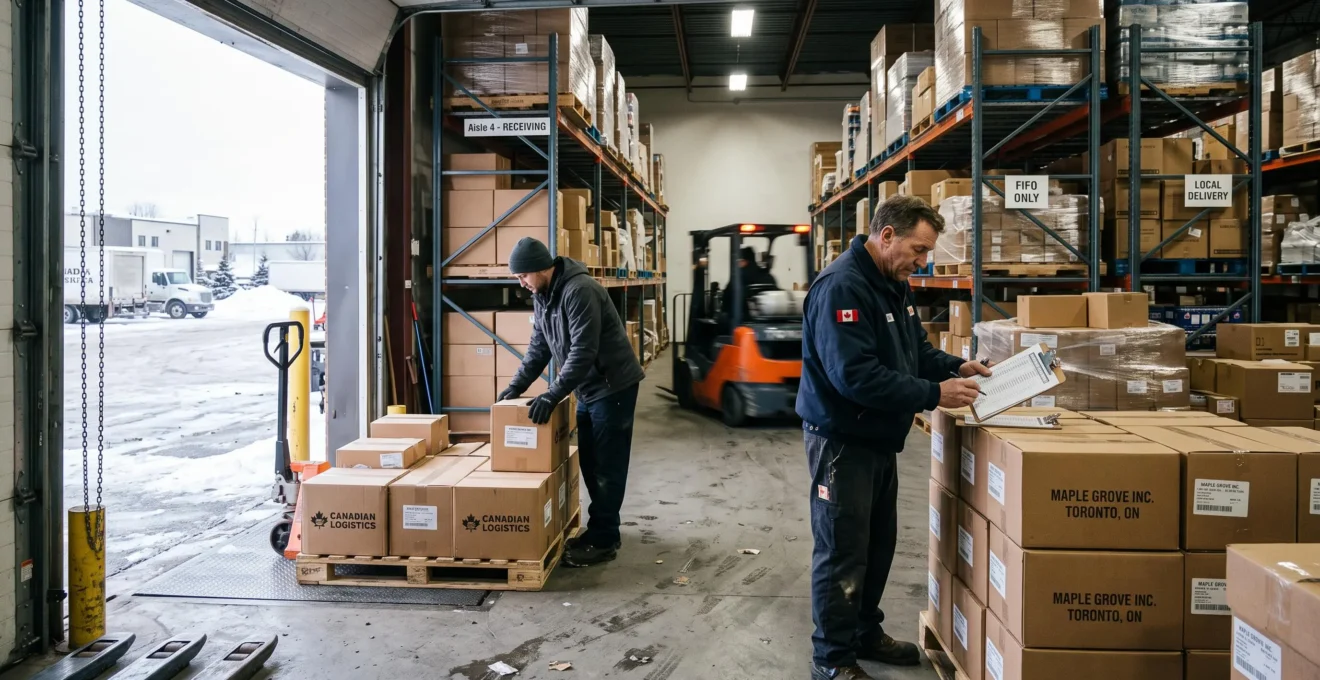 Workers checking incoming inventory pallets at the loading dock of a small Canadian warehouse with stacked cartons and limited buffer space.