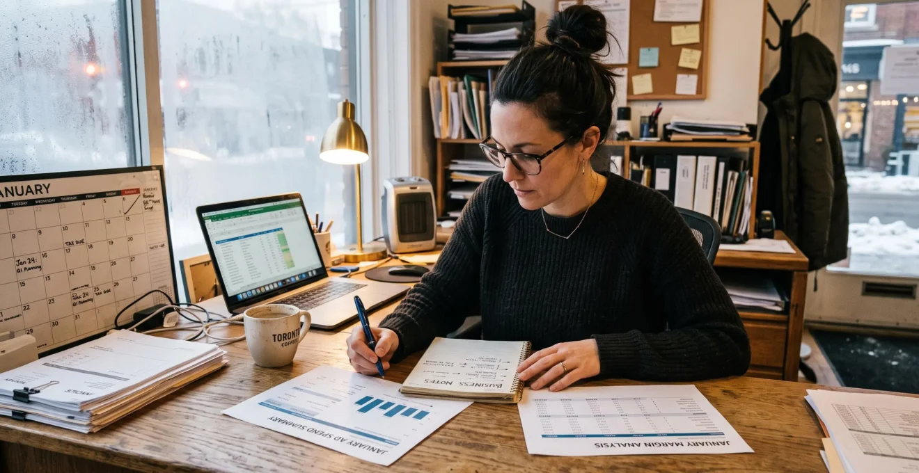 A small-business owner compares advertising spend and margin summaries at her desk in a Canadian storefront office.