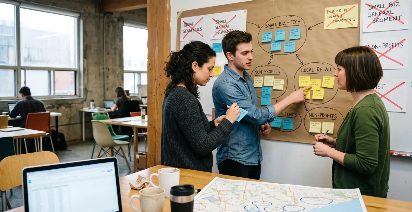 A small founding team maps customer segments with sticky notes and index cards on an office wall in a Canadian co-working space.