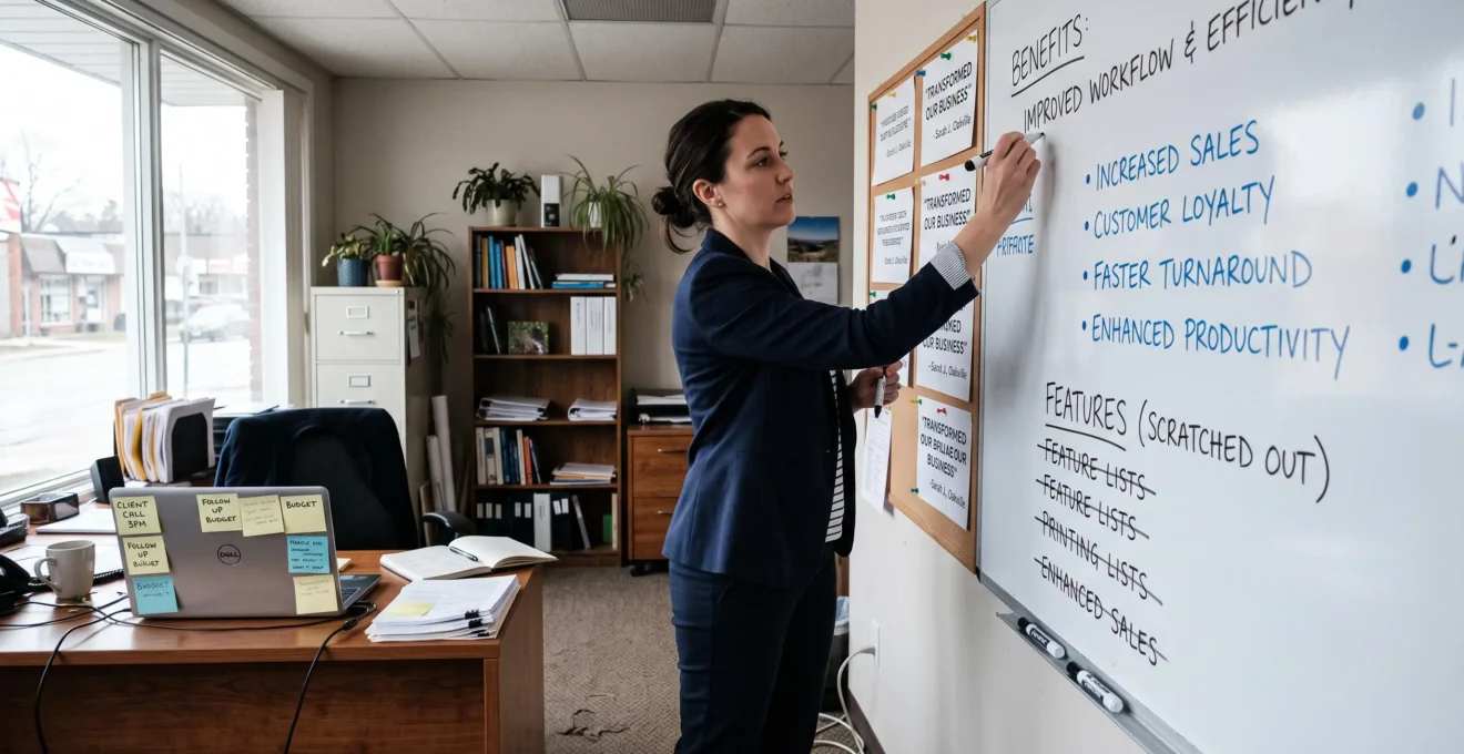 A marketing consultant rewriting value statements on an office whiteboard next to pinned customer quotes.