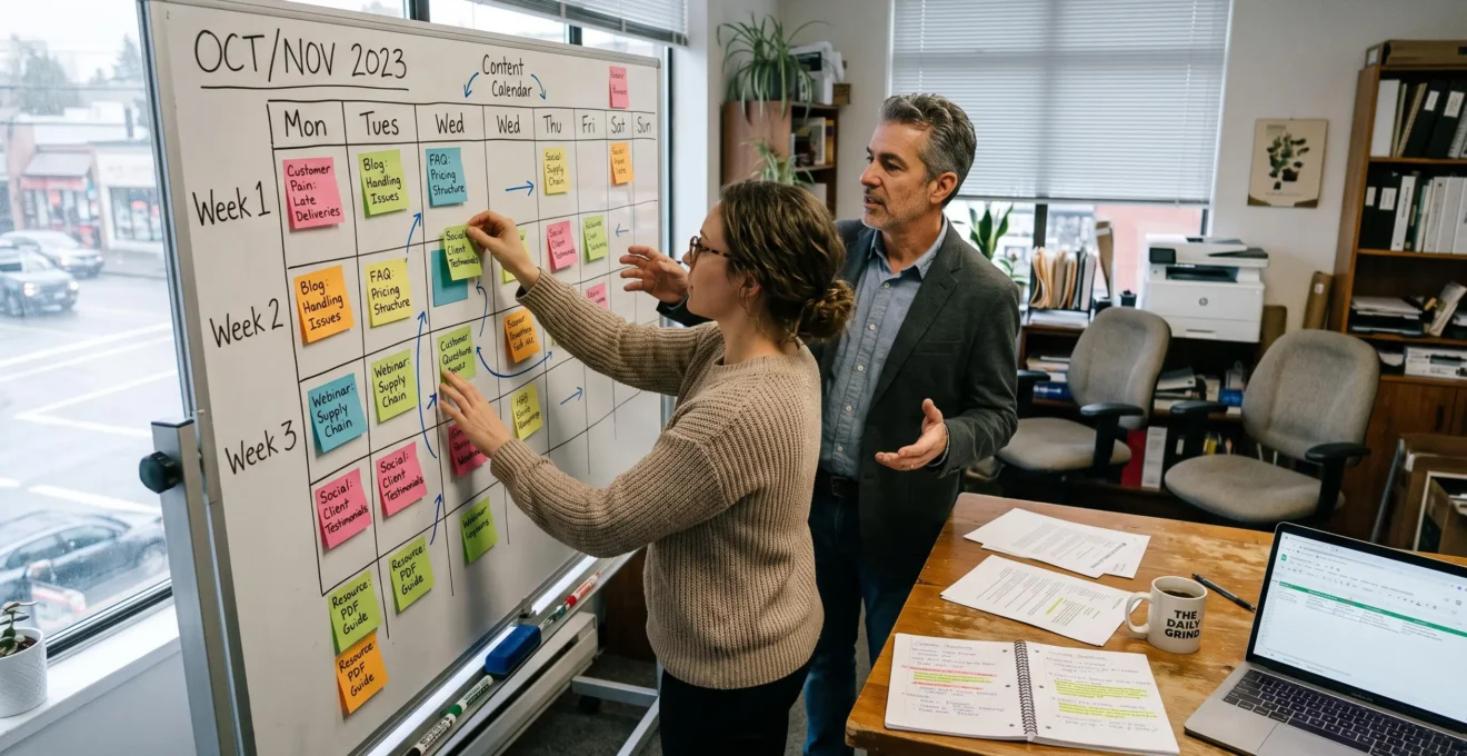 Two colleagues in a small business office plan a content calendar on a whiteboard using notes gathered from customer conversations.