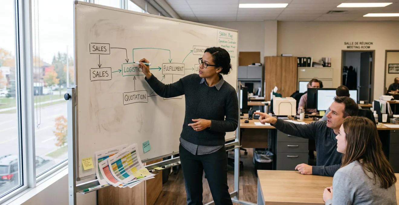 An operations coordinator draws a cross-department workflow with handoff arrows on a whiteboard while two colleagues review the flow in a Canadian office.