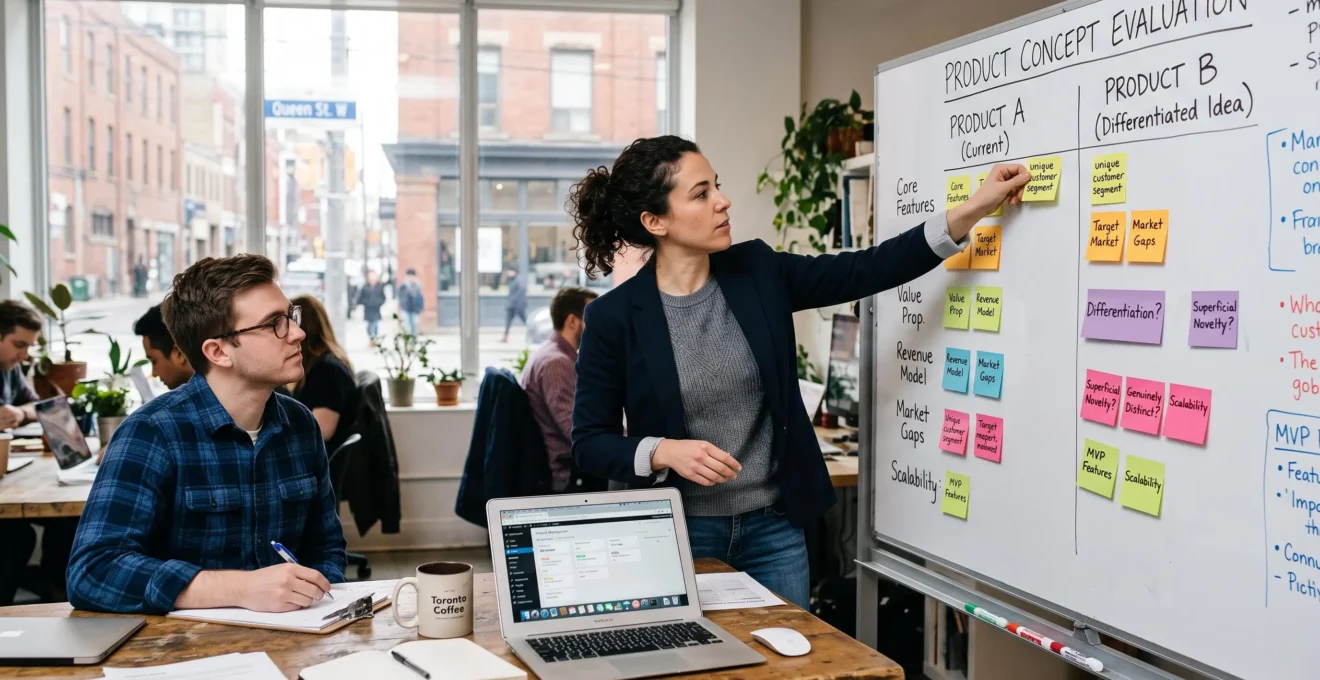 A Canadian entrepreneur moves sticky notes between comparison columns on a whiteboard while a colleague takes notes during a business idea evaluation session.