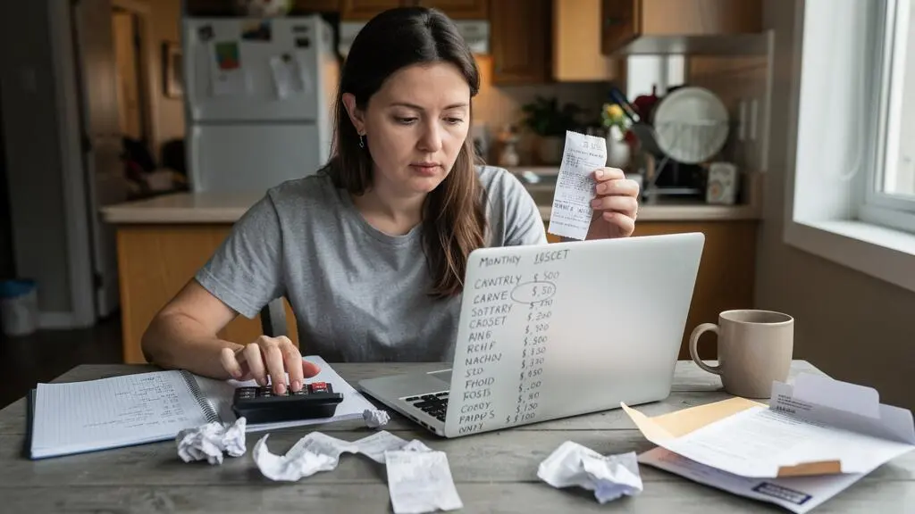 A first-time founder calculates monthly business costs at her kitchen table using a laptop, calculator and handwritten notes.