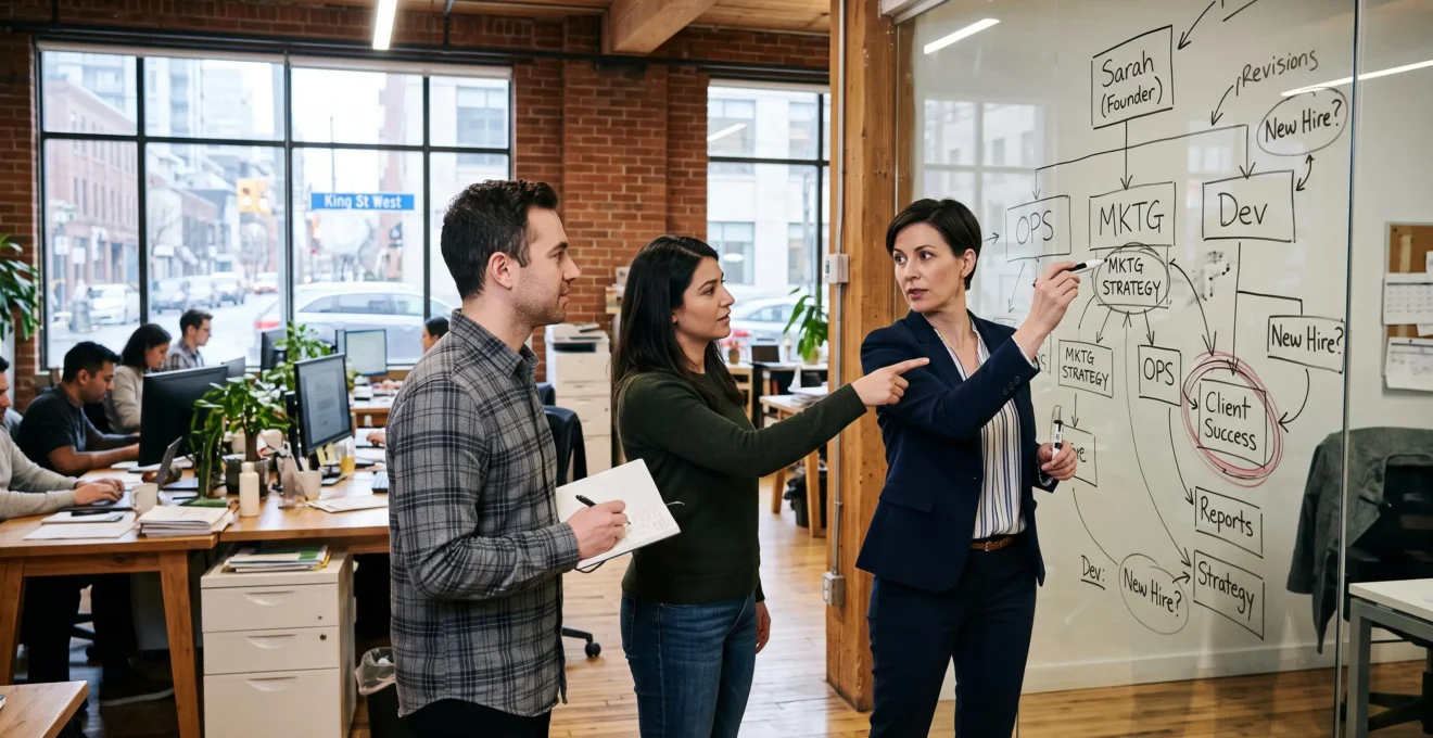 A founder drawing an organizational chart on a glass wall while two employees discuss reporting lines in a small business office.