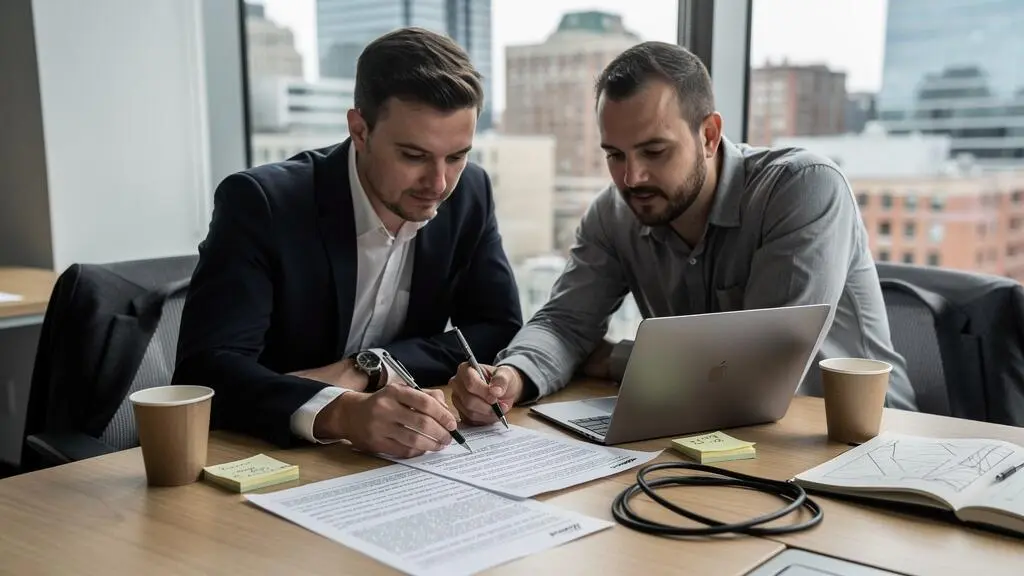 A start-up founder and a lawyer reviewing intellectual property documents together at a table in a modern Canadian office.