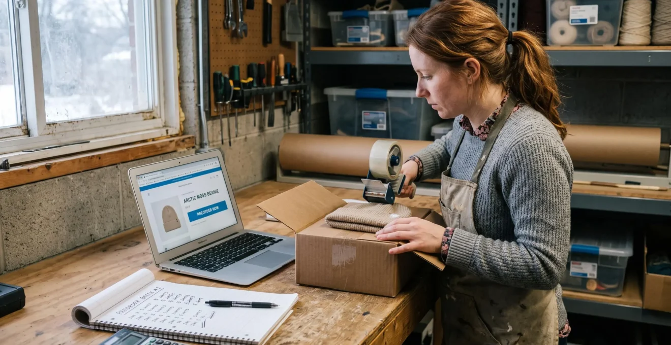 A founder packs a sample product into a shipping box while checking an online preorder page on a laptop in a home workshop.