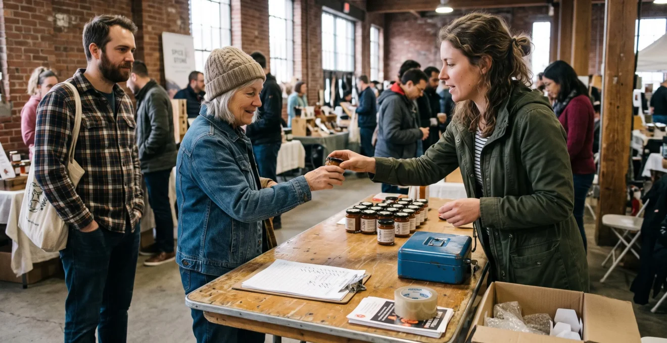 A founder hands a product sample to a customer at a small pop-up stall in an urban market hall, with a tally sheet and cash box on the folding table.