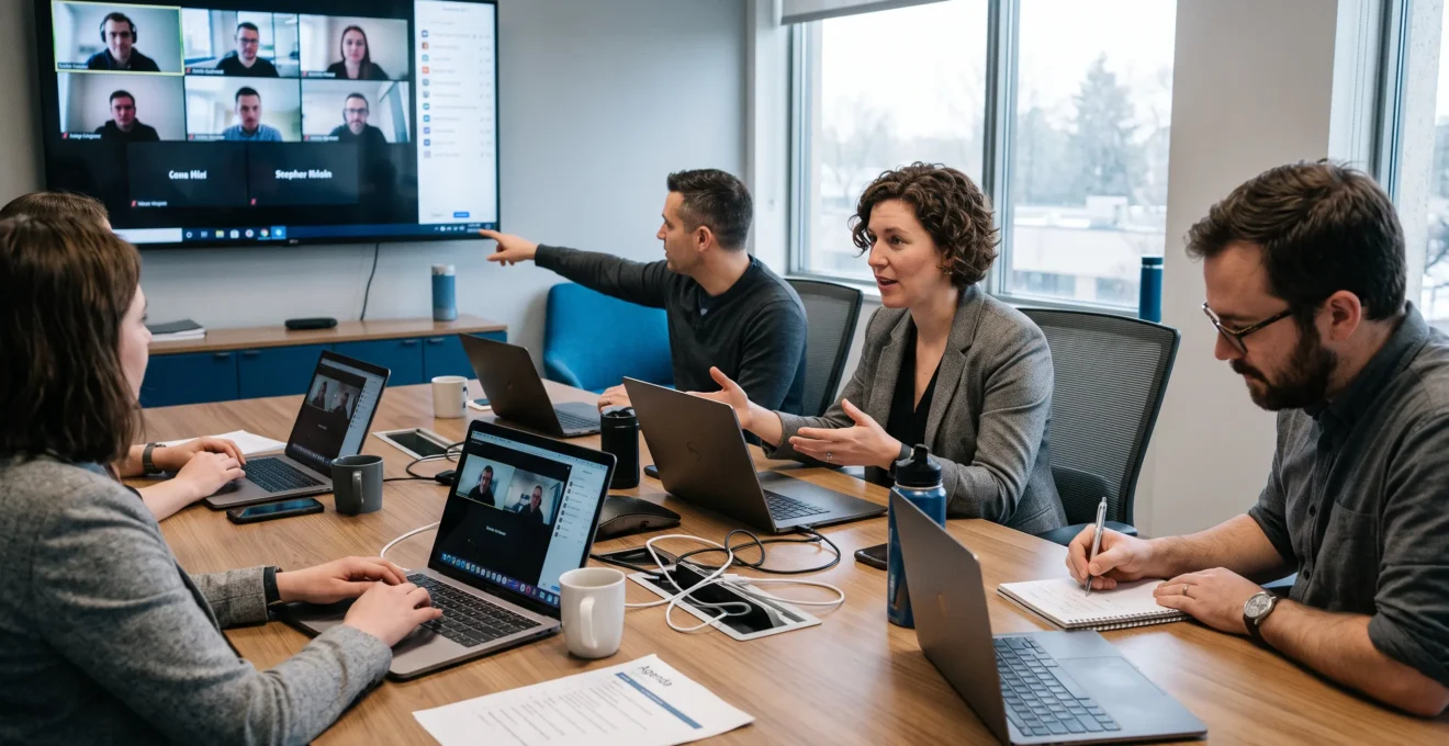 Employees in a meeting room each using individual laptops on a video call with remote colleagues, while one person speaks and another takes notes.