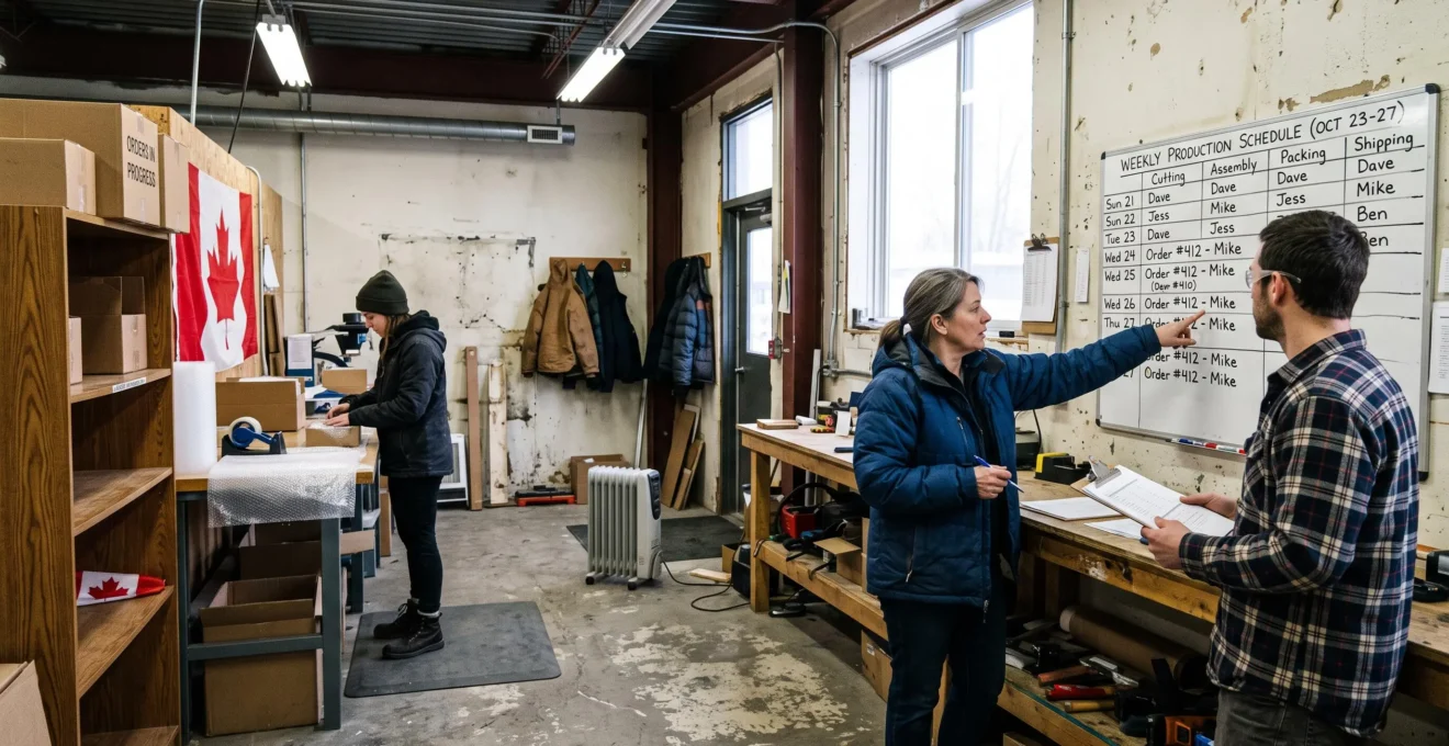 A manager points at a weekly schedule on a workshop whiteboard while employees continue packing and processing orders around him.