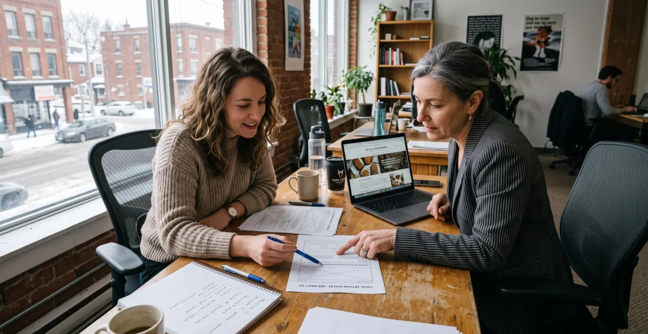 A marketing writer and a business owner in a Canadian office reviewing a printed website draft together, comparing it with a live webpage on a laptop.