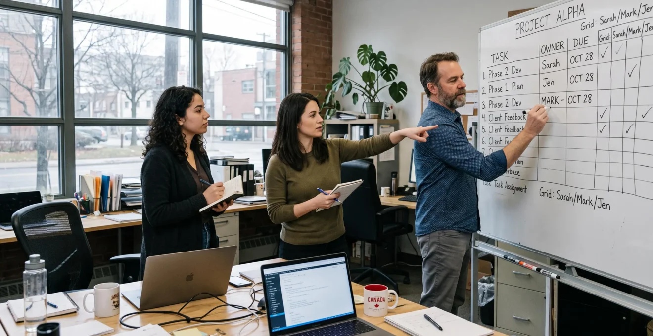 A business owner writes a name and deadline next to a task on a whiteboard while two employees discuss the list in a small office.