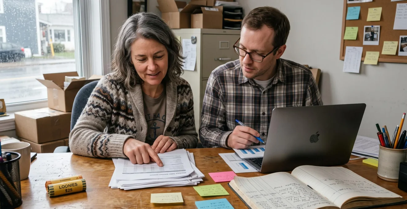 A small business owner and a bookkeeper review printed sales figures and a laptop chart together in a shop back office.