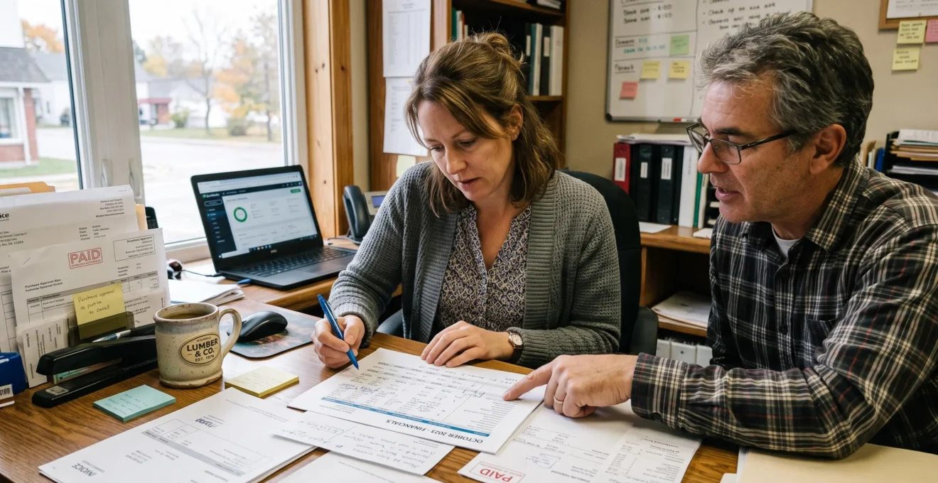 A small-business owner and a bookkeeper reviewing a printed monthly financial report together at a desk in a small Canadian office.