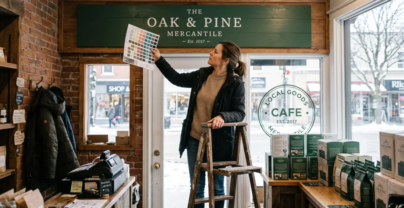 A small business owner compares a colour reference card with her storefront sign to keep the shop's visual identity consistent.