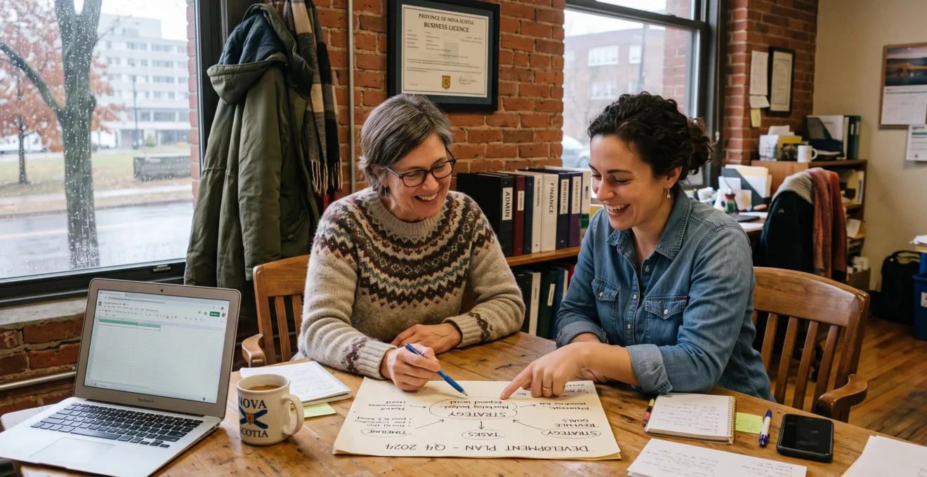 A small-business owner and an employee review a handwritten development plan together at a work table in a modest Canadian office.