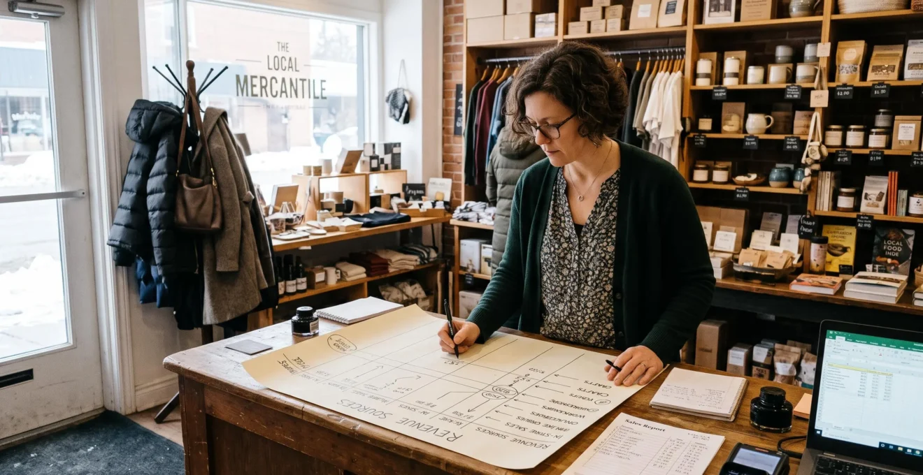 A small business owner annotating a paper breakdown of her revenue streams at the counter of her shop.