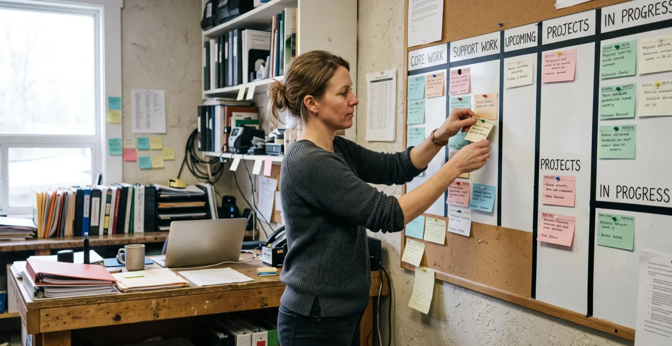 A small-business owner sorting activity cards across columns on a planning board in her office.