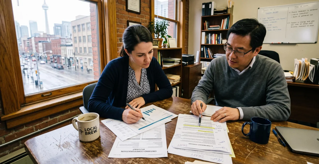 A small-business owner and an advisor review printed financial statements and a draft partnership agreement together at an office table.