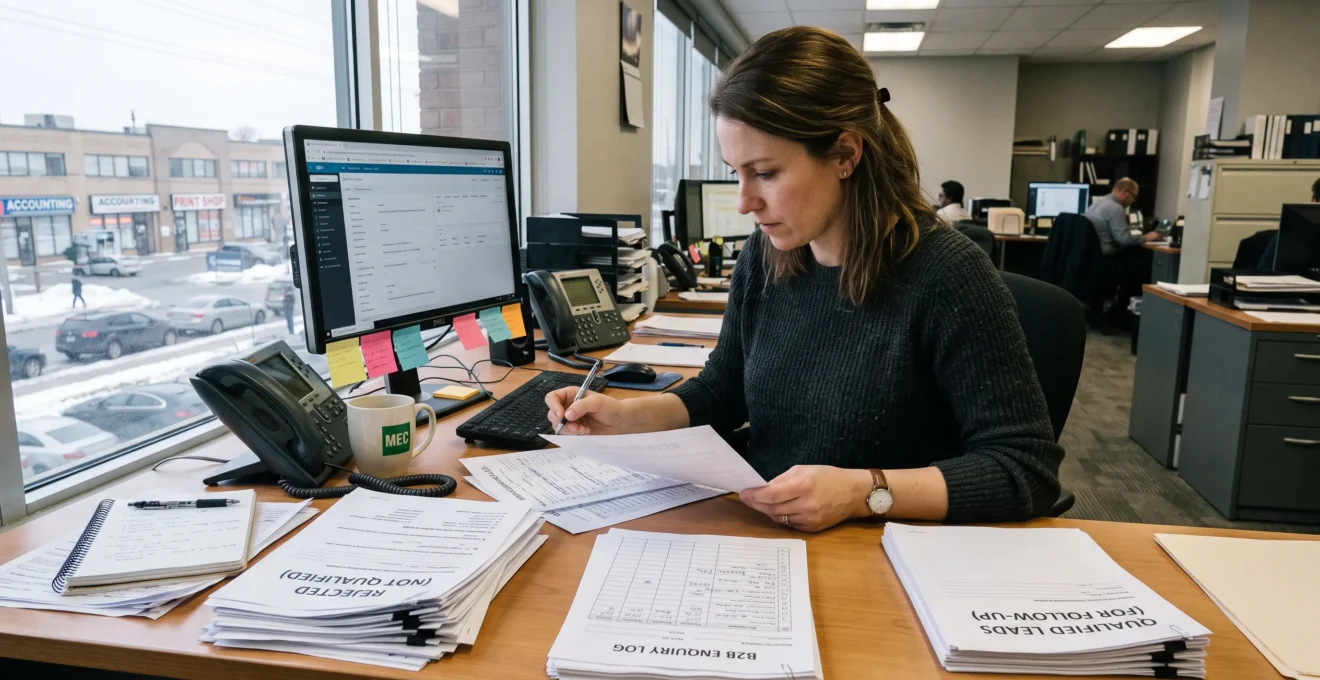 A sales representative at a Canadian B2B company sorting incoming contact enquiries into qualified and unqualified piles at her desk.