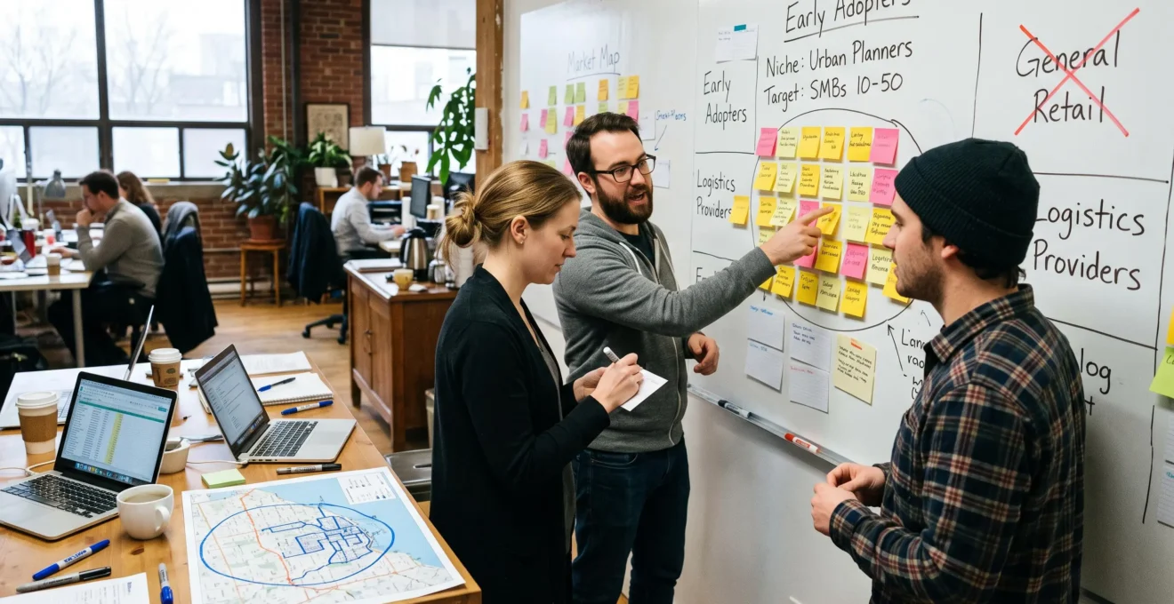 Three coworkers mapping a business workflow on a whiteboard with sticky notes in a small office.