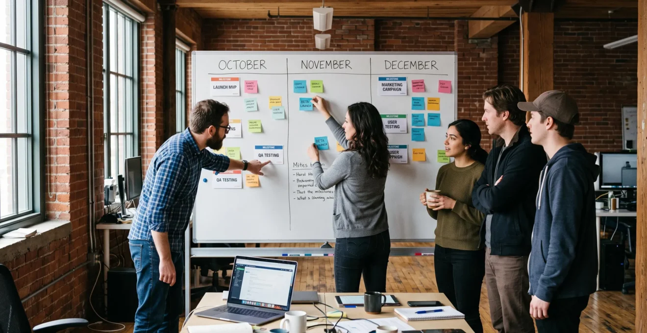 A small business team stands around a wall-mounted ninety-day planning board, placing and discussing milestone cards across three month columns in a bright office.