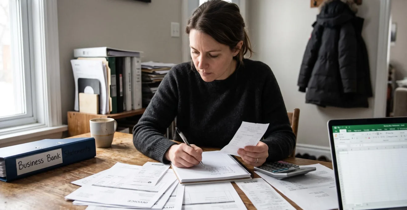 A self-employed woman at a home desk compares paper invoices and receipts with handwritten notes and a spreadsheet on a laptop.