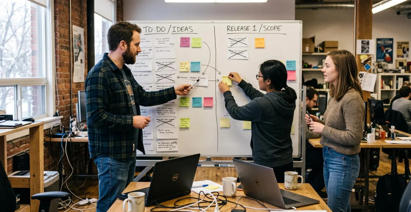 A three-person start-up team moves feature cards around on a whiteboard while deciding what to include in their first product release.